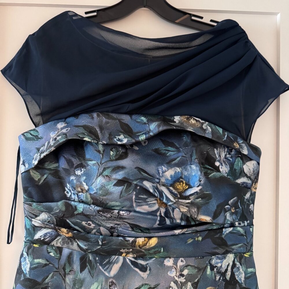 THEIA Delana Floral Mikado Column Gown Navy Blue Size 10 NWT